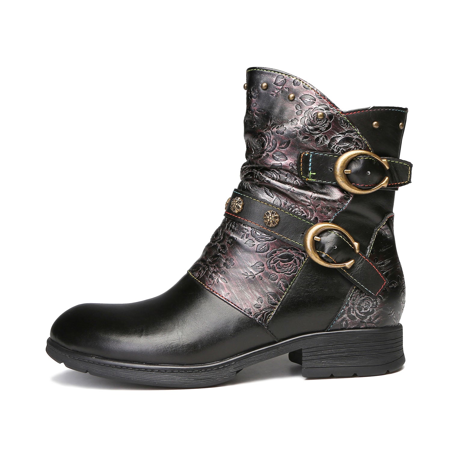 Vintage Rose Dual-Buckle Ankle Boots