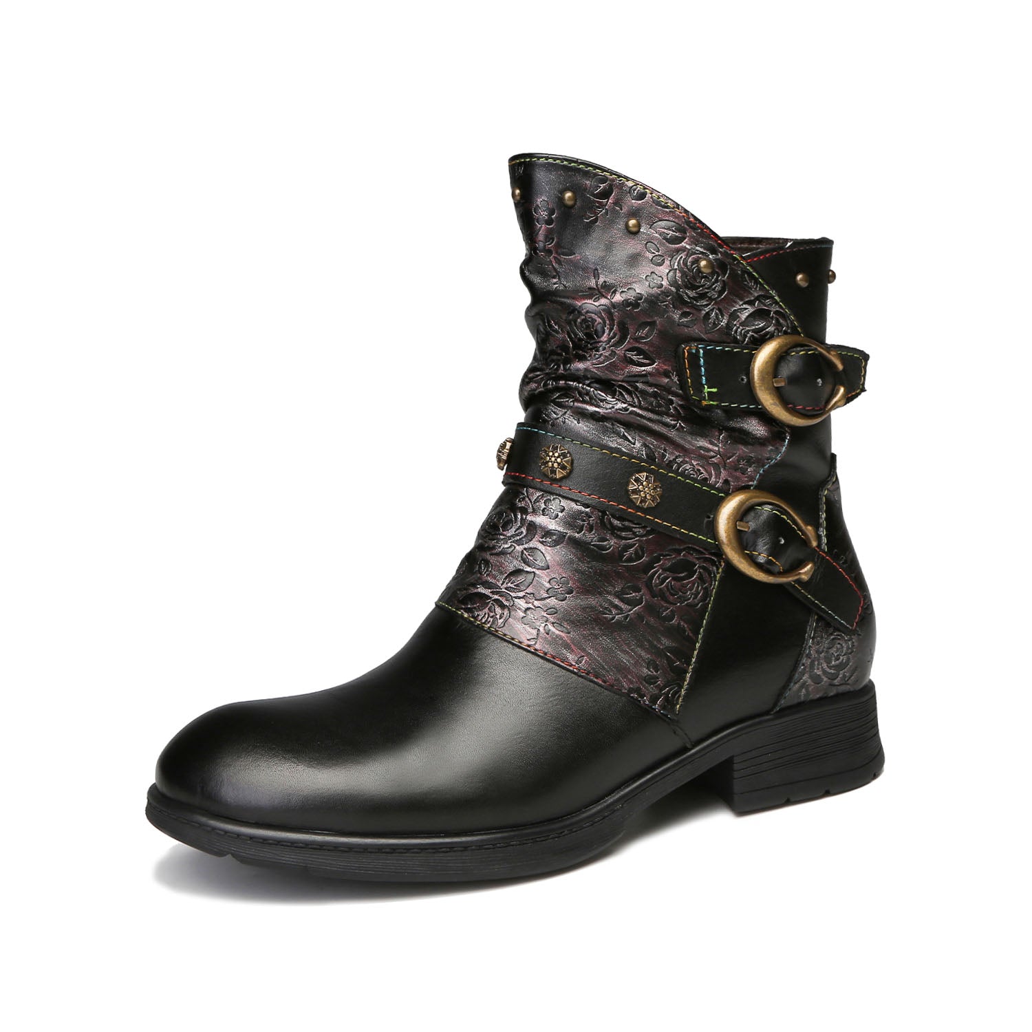 Vintage Rose Dual-Buckle Ankle Boots