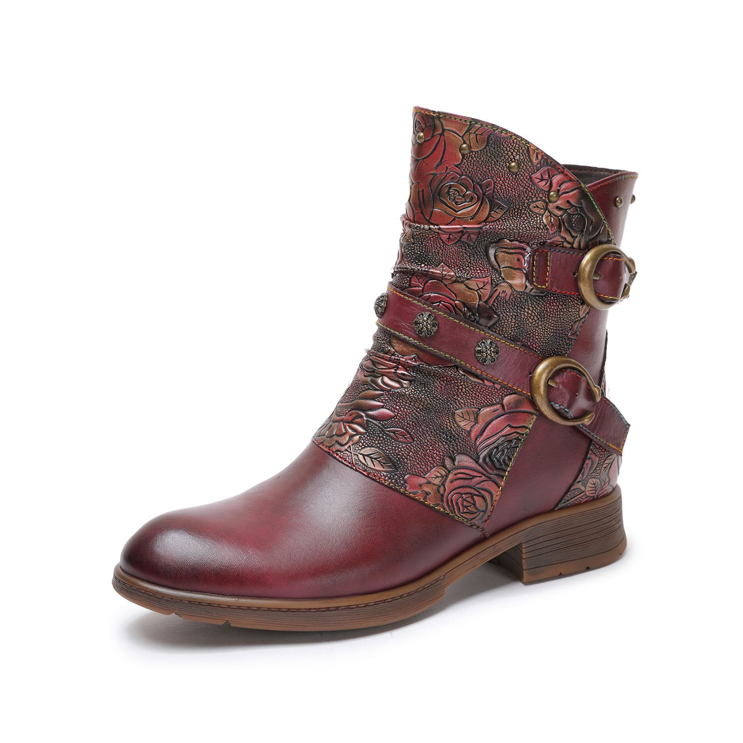 Vintage Rose Dual-Buckle Ankle Boots