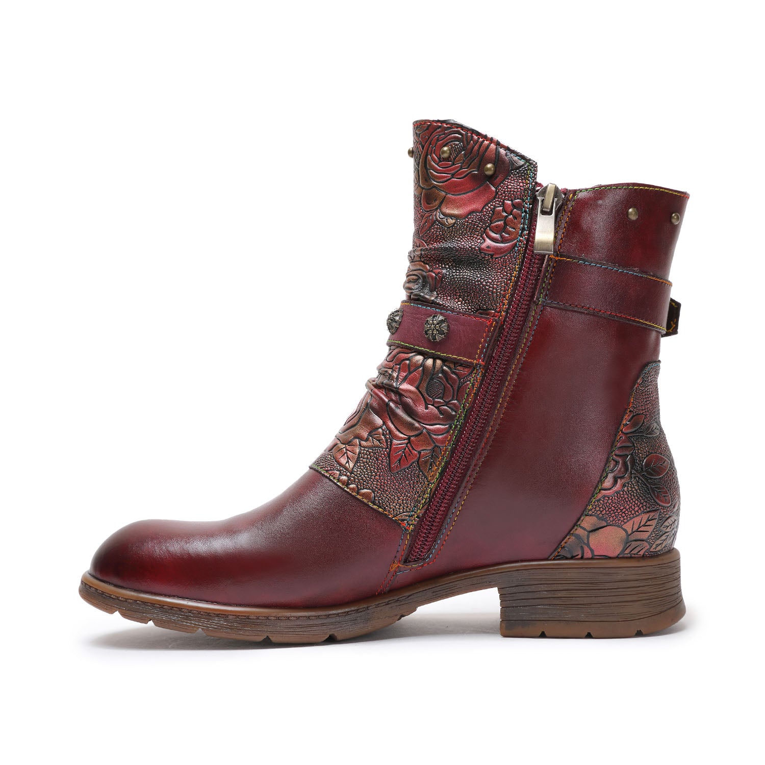Vintage Rose Dual-Buckle Ankle Boots