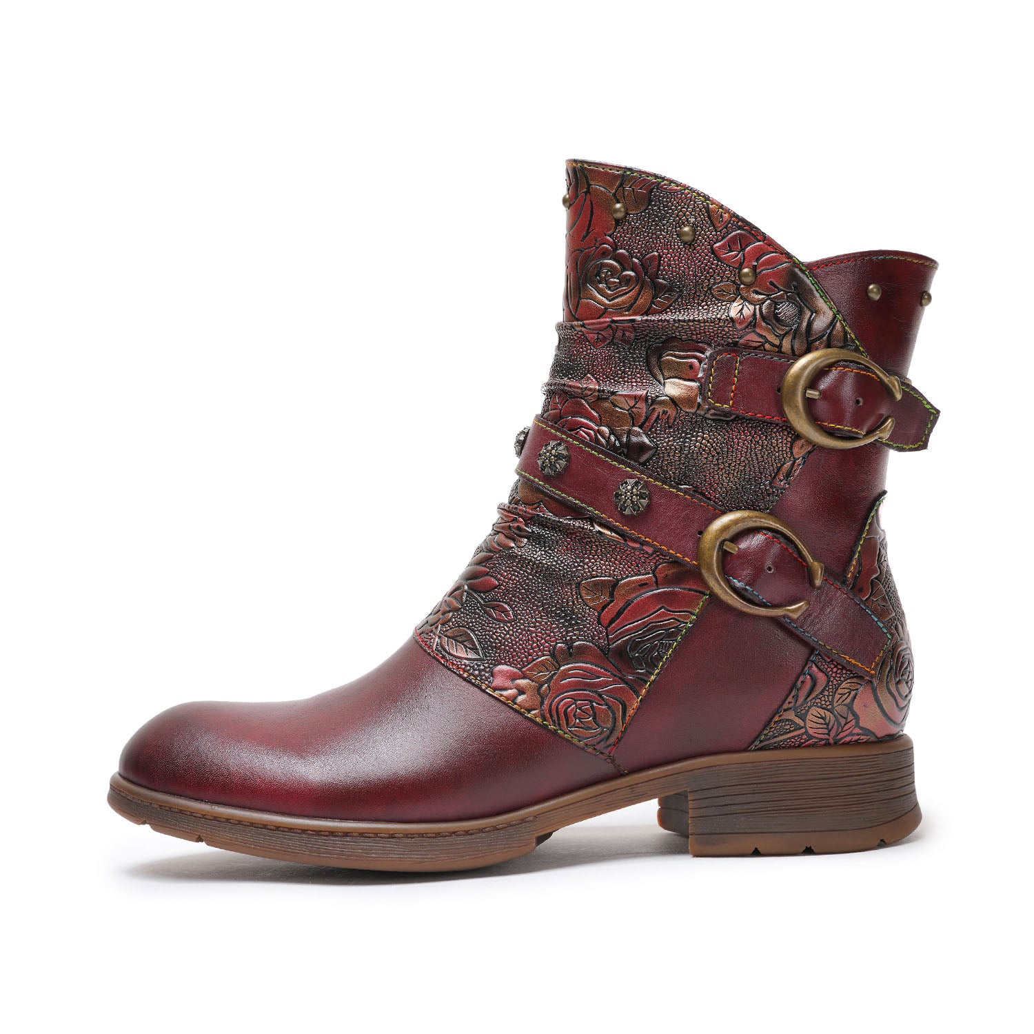 Vintage Rose Dual-Buckle Ankle Boots