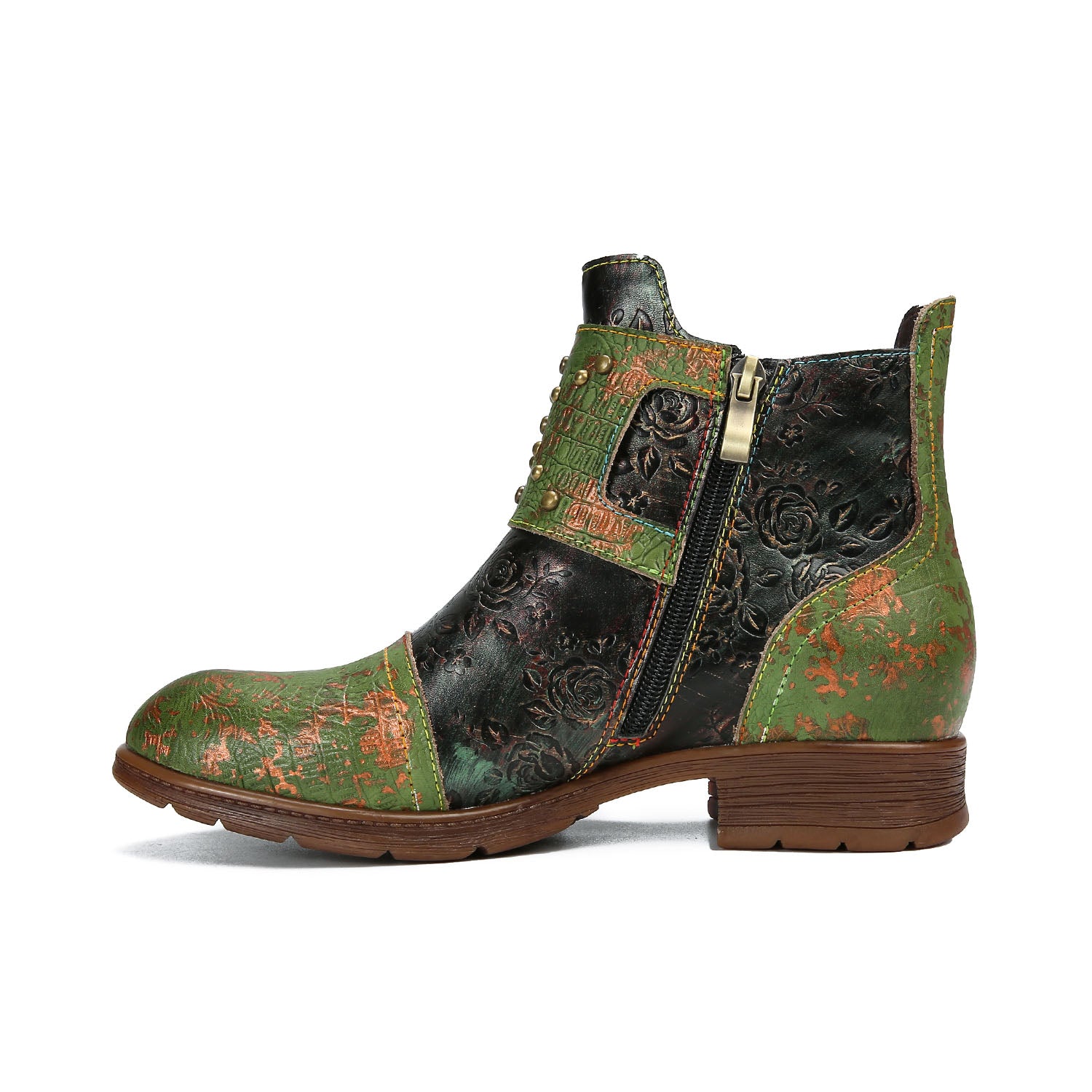Vintage Embossed Floral Leather Flat Ankle Boots