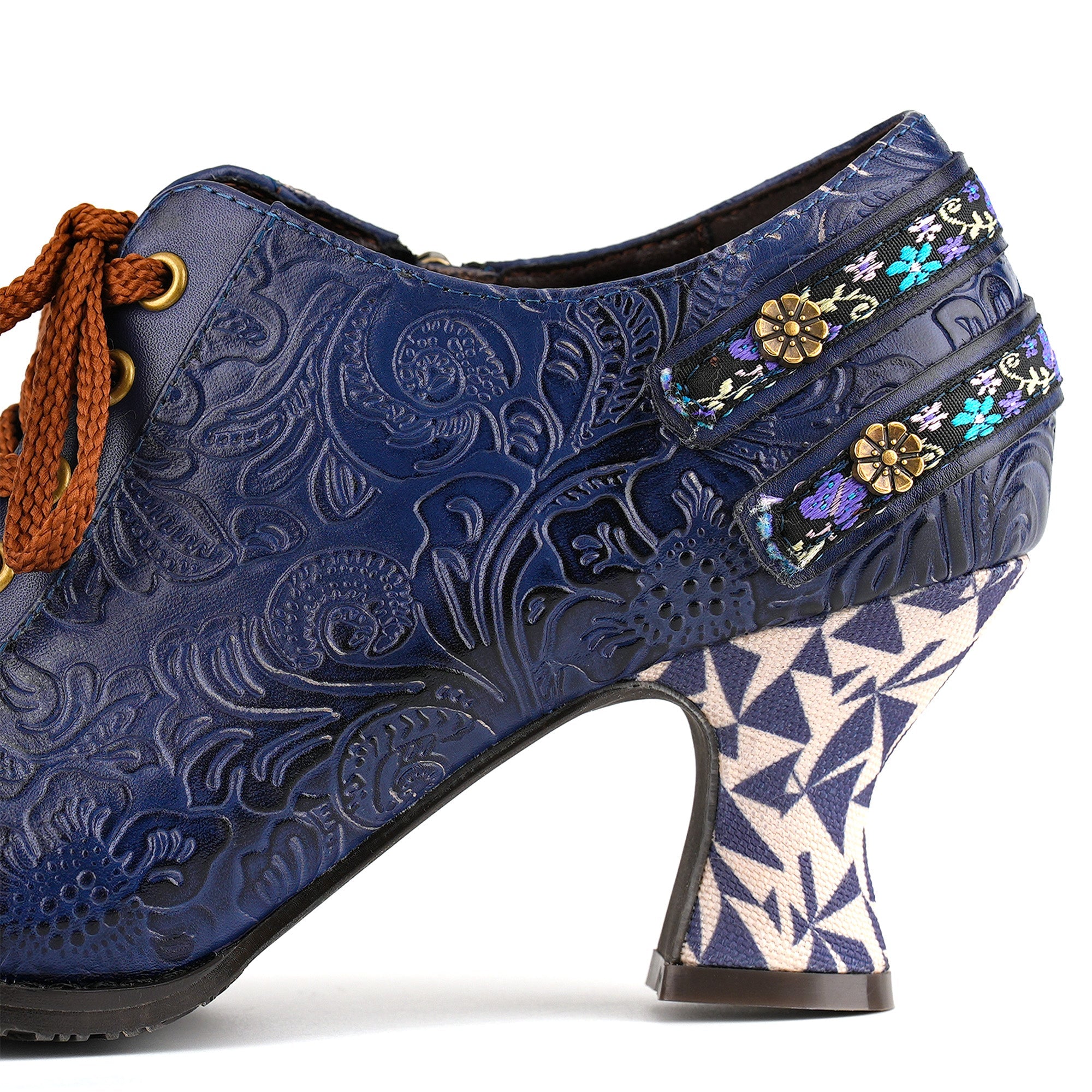 Floral Embossed Lace-Up Heels