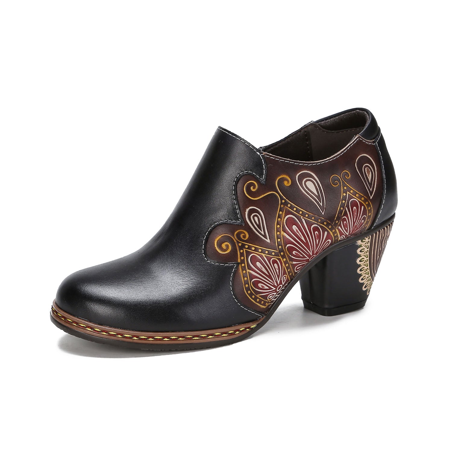 Floral Elegance Vintage Hand-Painted Leather Heels