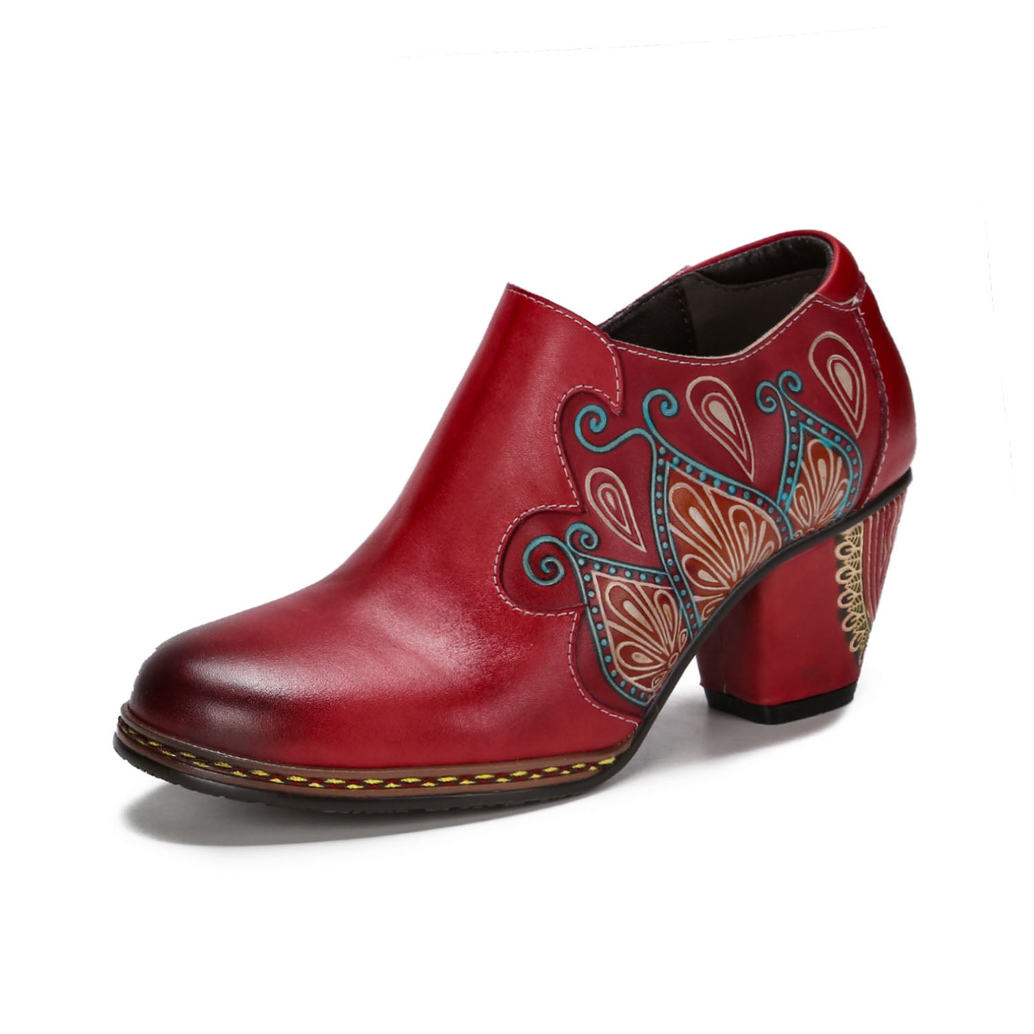 Floral Elegance Vintage Hand-Painted Leather Heels