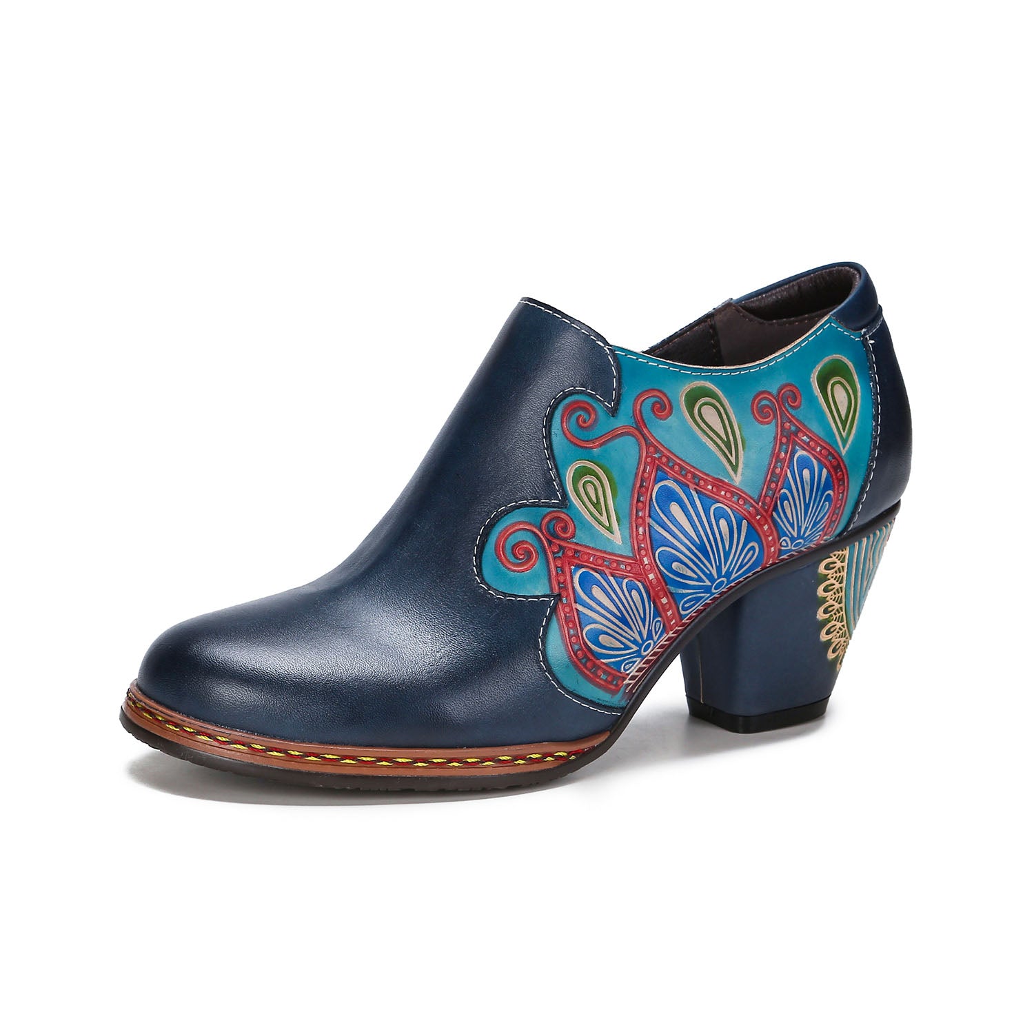 Floral Elegance Vintage Hand-Painted Leather Heels