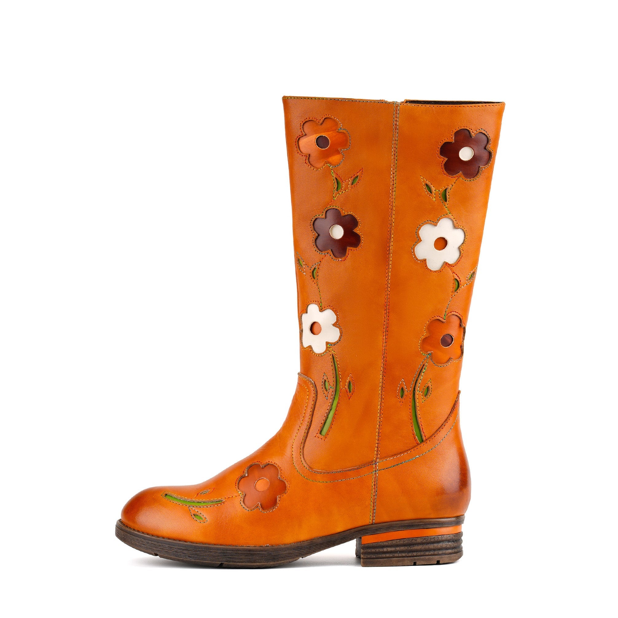 Retro Floral Leather Flat Tall Boots