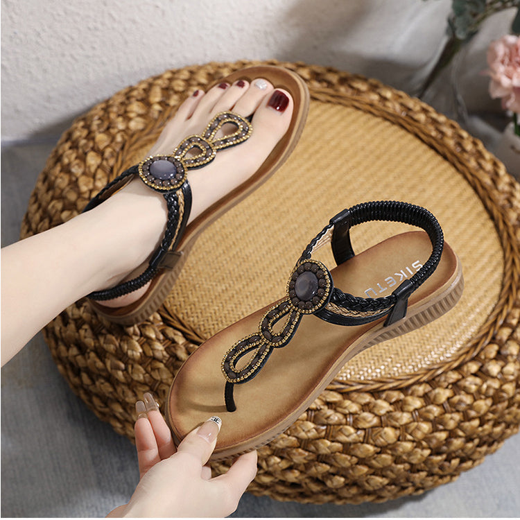 Bohemian Rhinestone Comfortable Round Toe Vacation Sandals