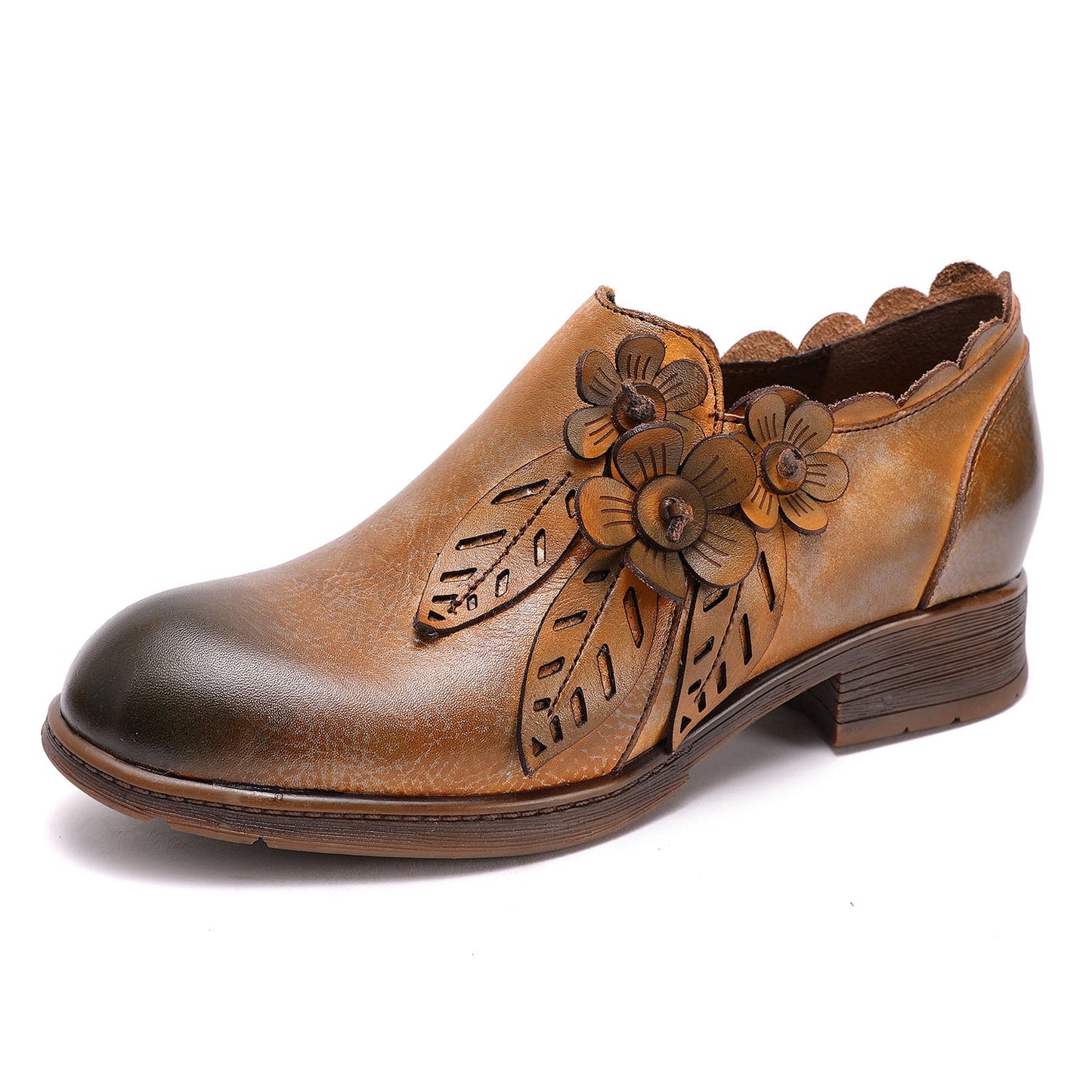 Retro Handmade Floral Leather Flat Boots