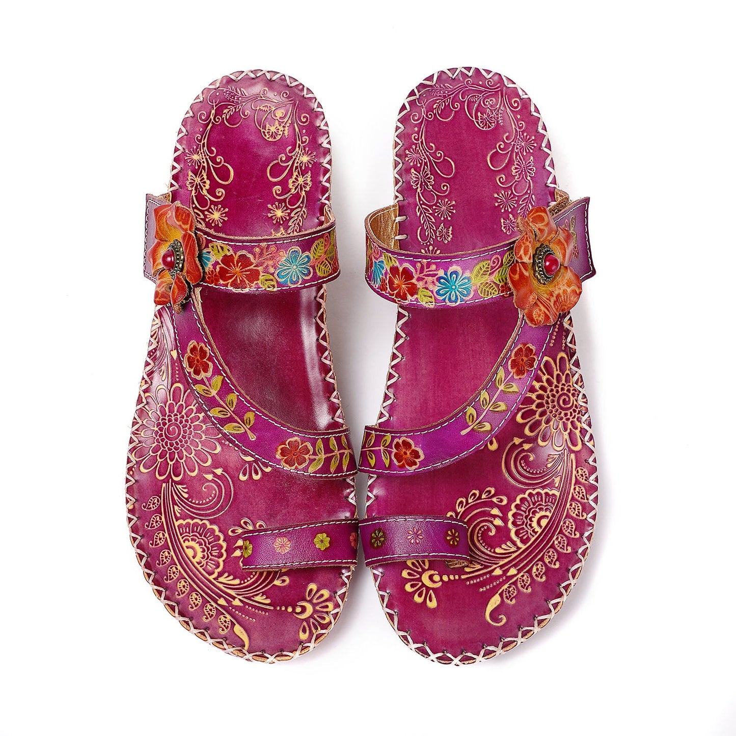 Floral Embossing Stitching Leather Sandals (3 colors)