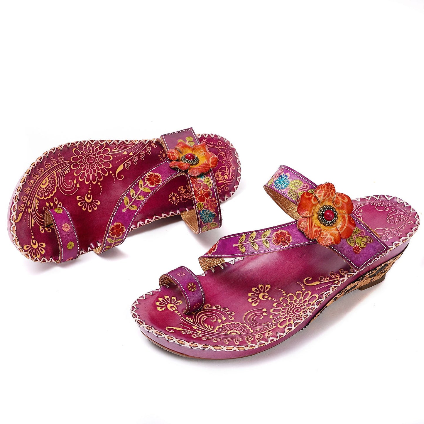 Floral Embossing Stitching Leather Sandals (3 colors)