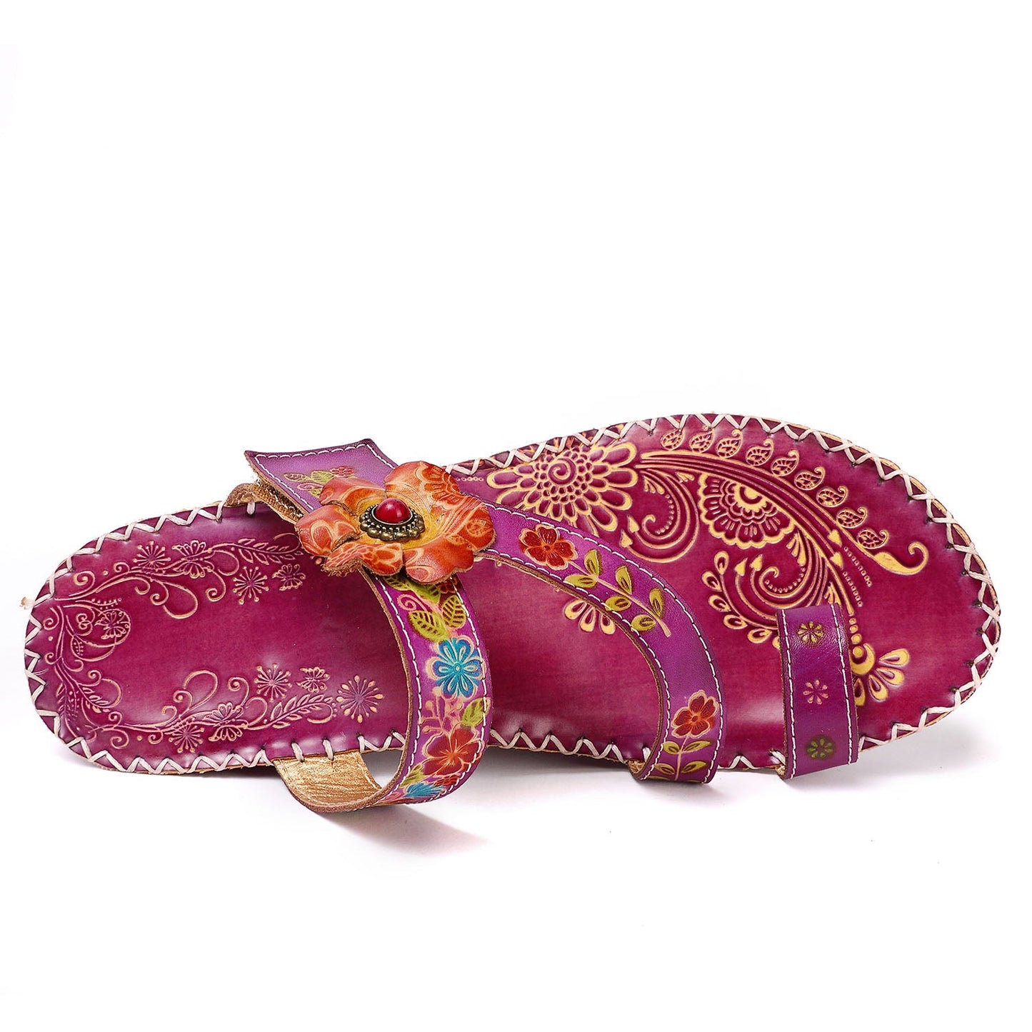 Floral Embossing Stitching Leather Sandals (3 colors)