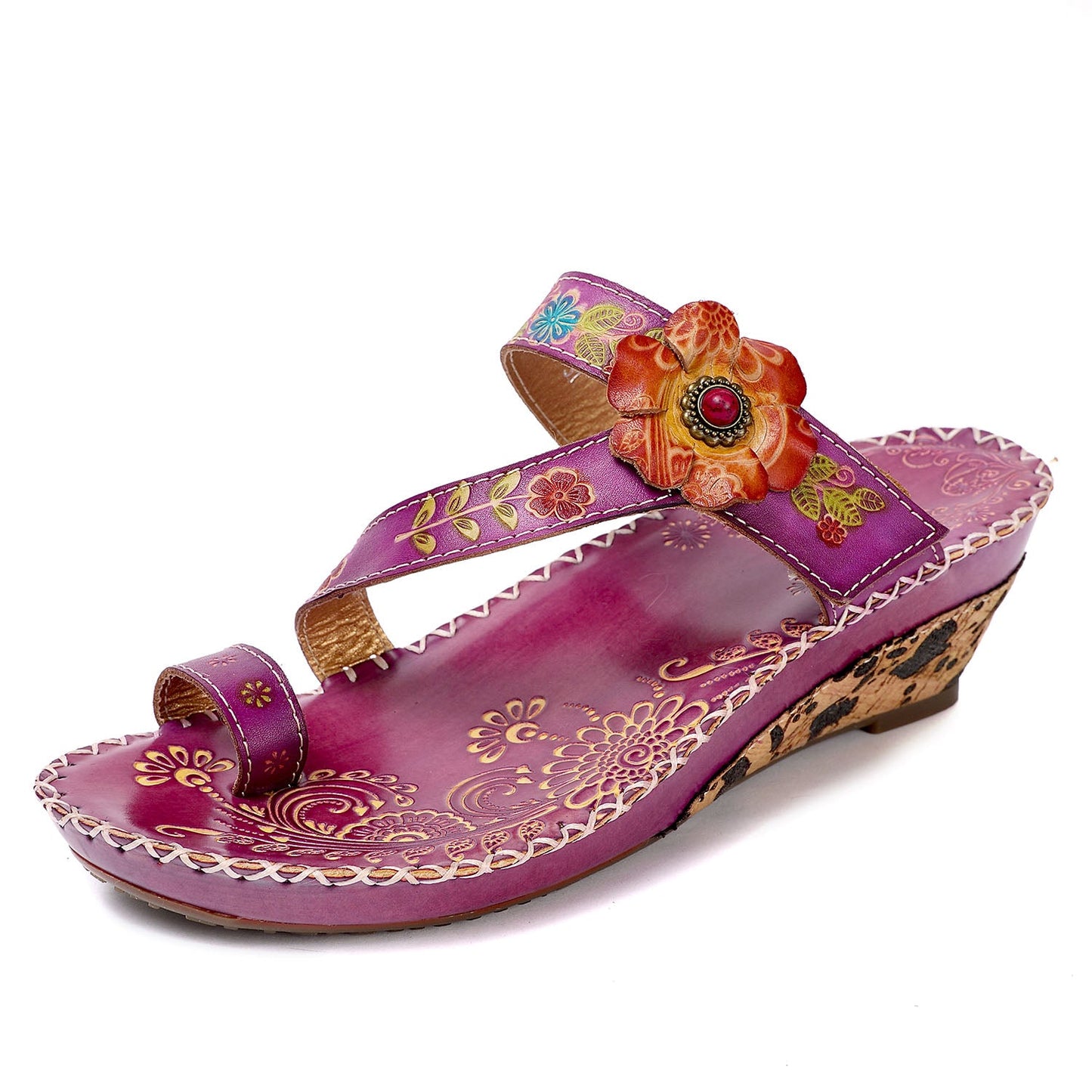 Floral Embossing Stitching Leather Sandals (3 colors)