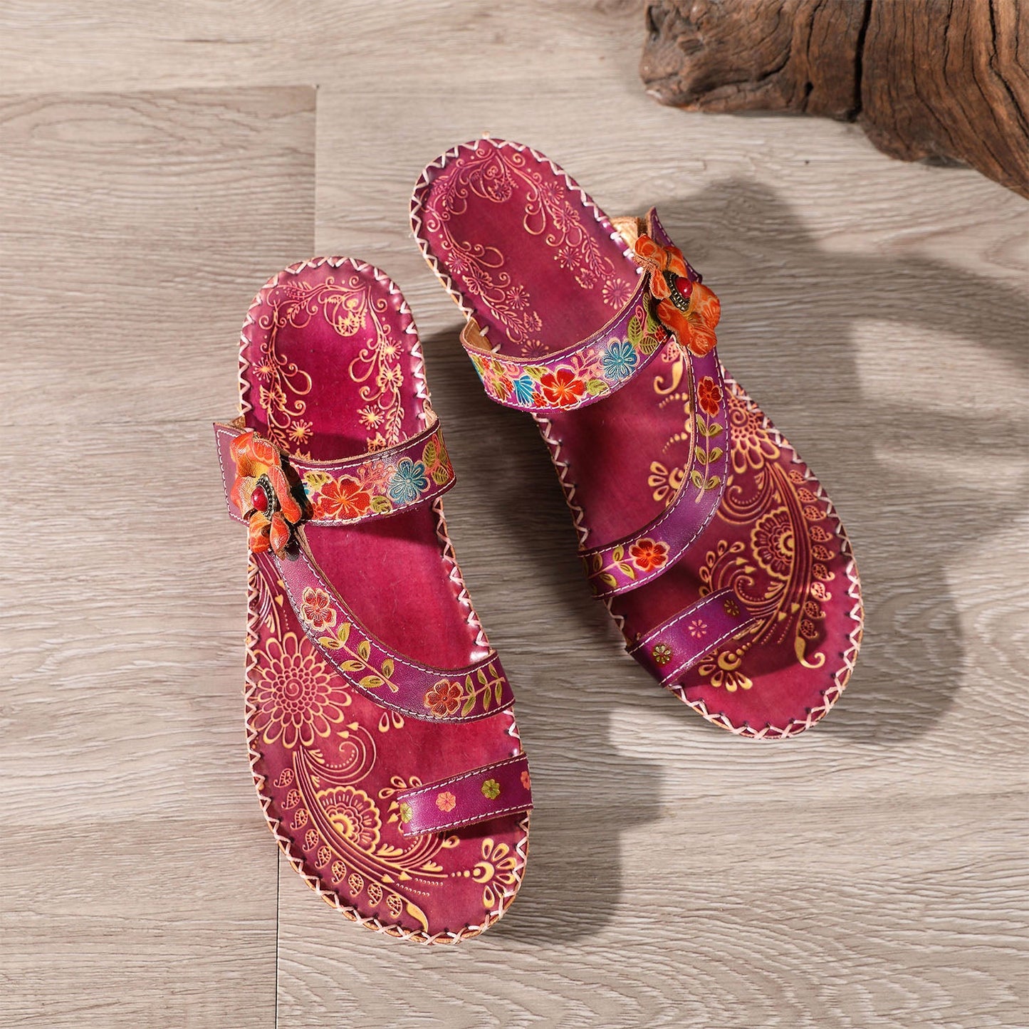 Floral Embossing Stitching Leather Sandals (3 colors)