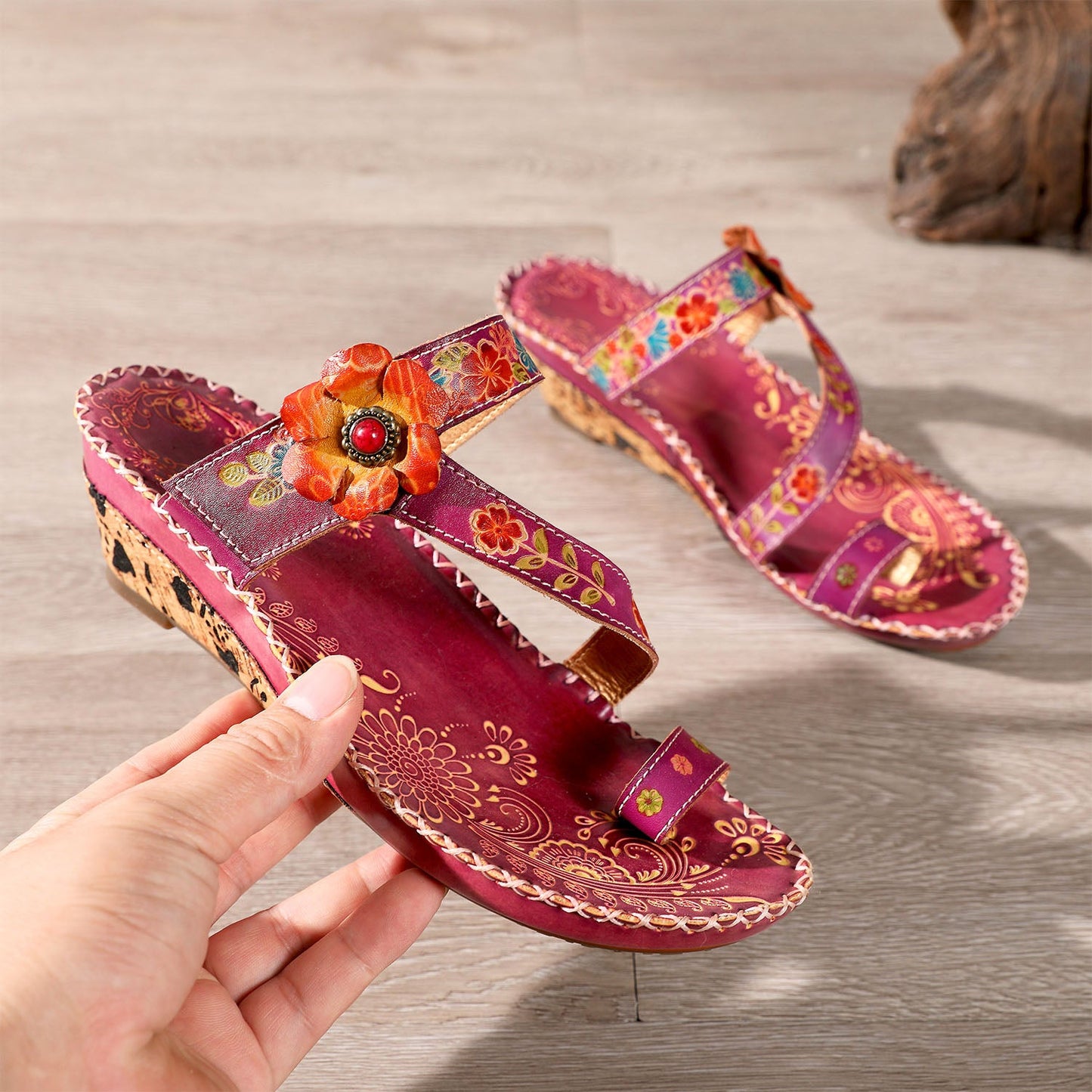 Floral Embossing Stitching Leather Sandals (3 colors)