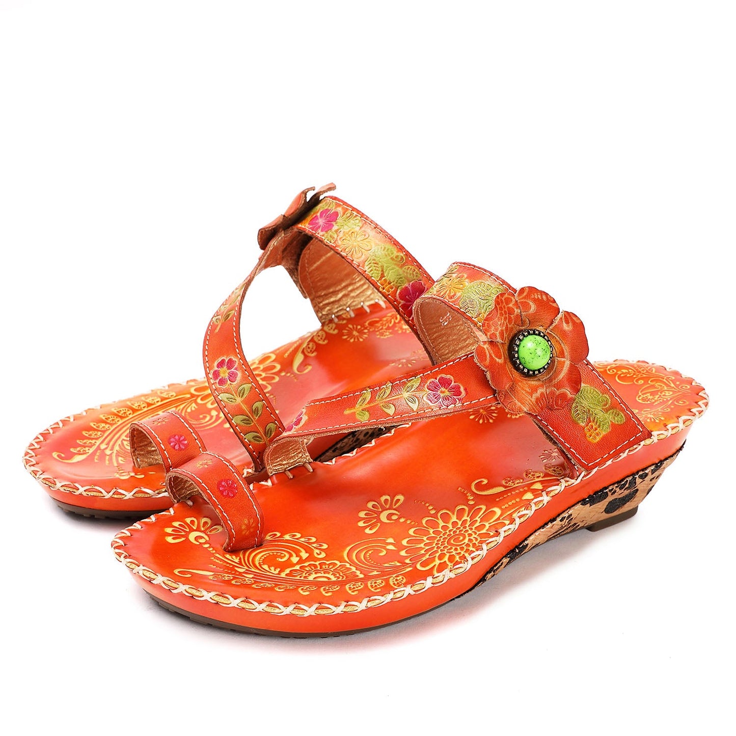 Floral Embossing Stitching Leather Sandals (3 colors)