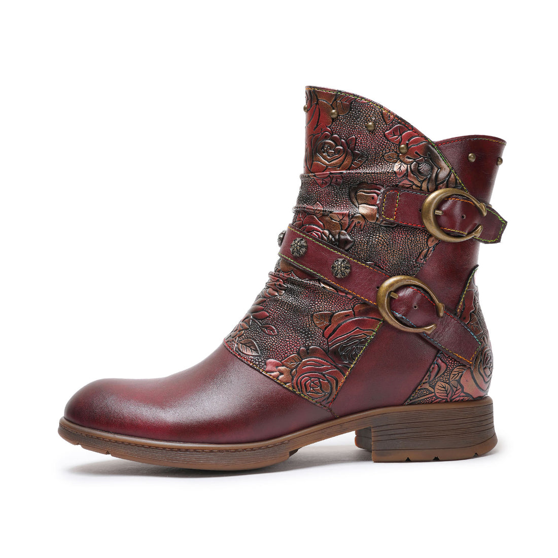 Vintage Rose Dual-Buckle Ankle Boots
