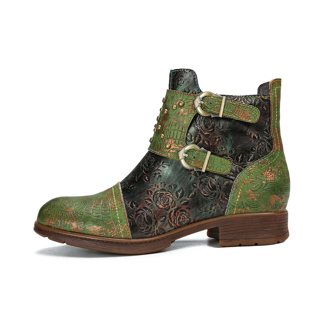 Vintage Embossed Floral Leather Flat Ankle Boots