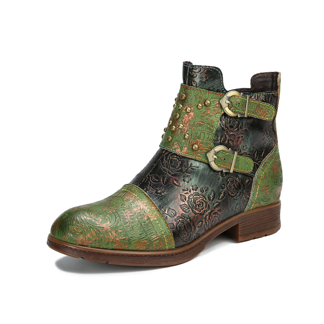 Vintage Embossed Floral Leather Flat Ankle Boots