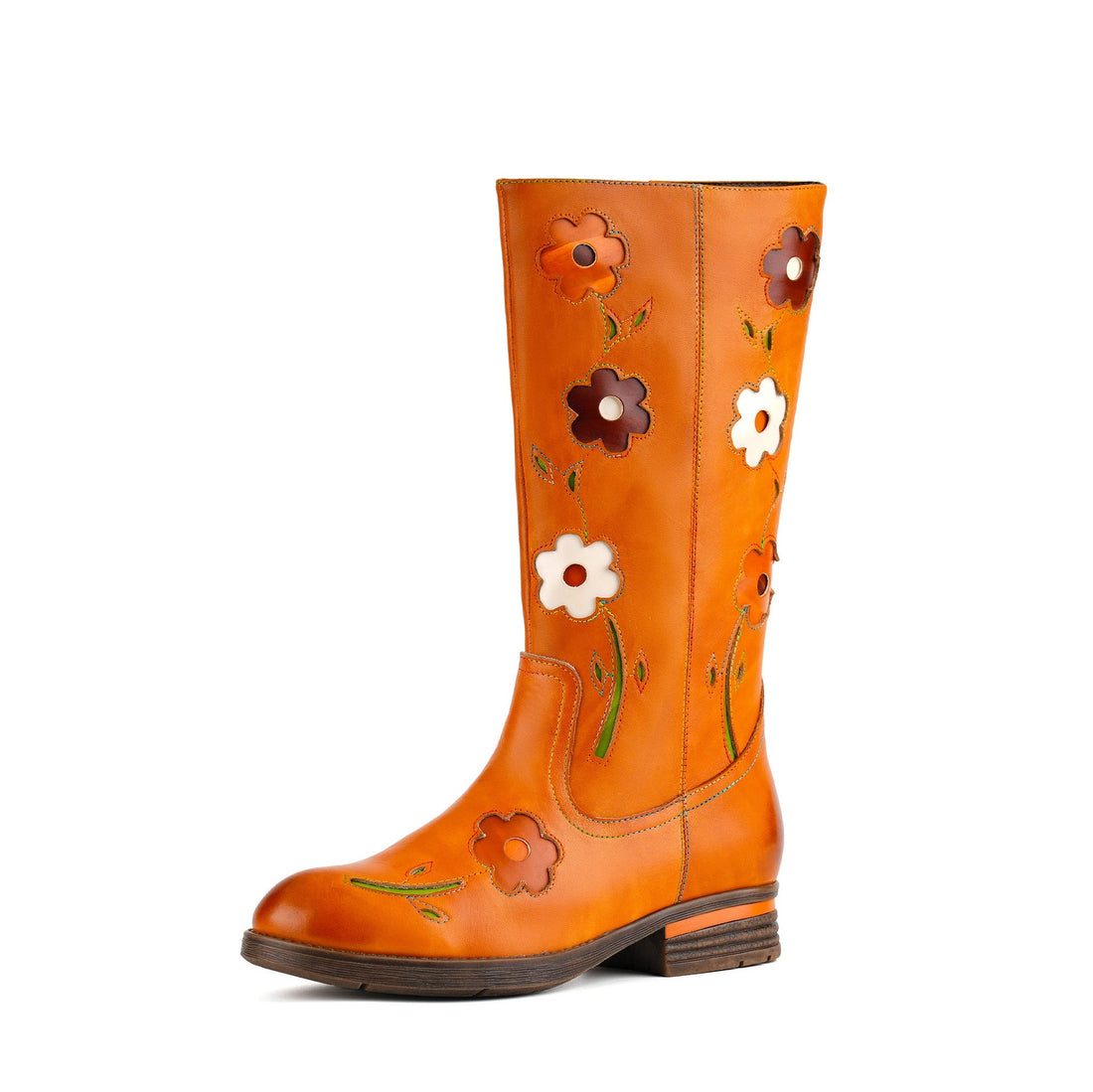 Retro Floral Leather Flat Tall Boots