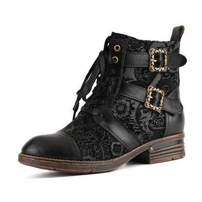 Timeless Grace Floral Lace-Up Flat Ankle Boots