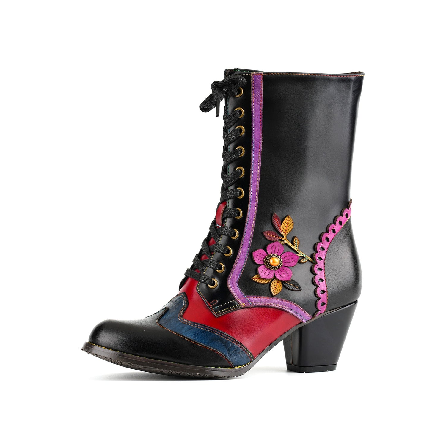 Vintage Crimson Bloom Ankle Boots