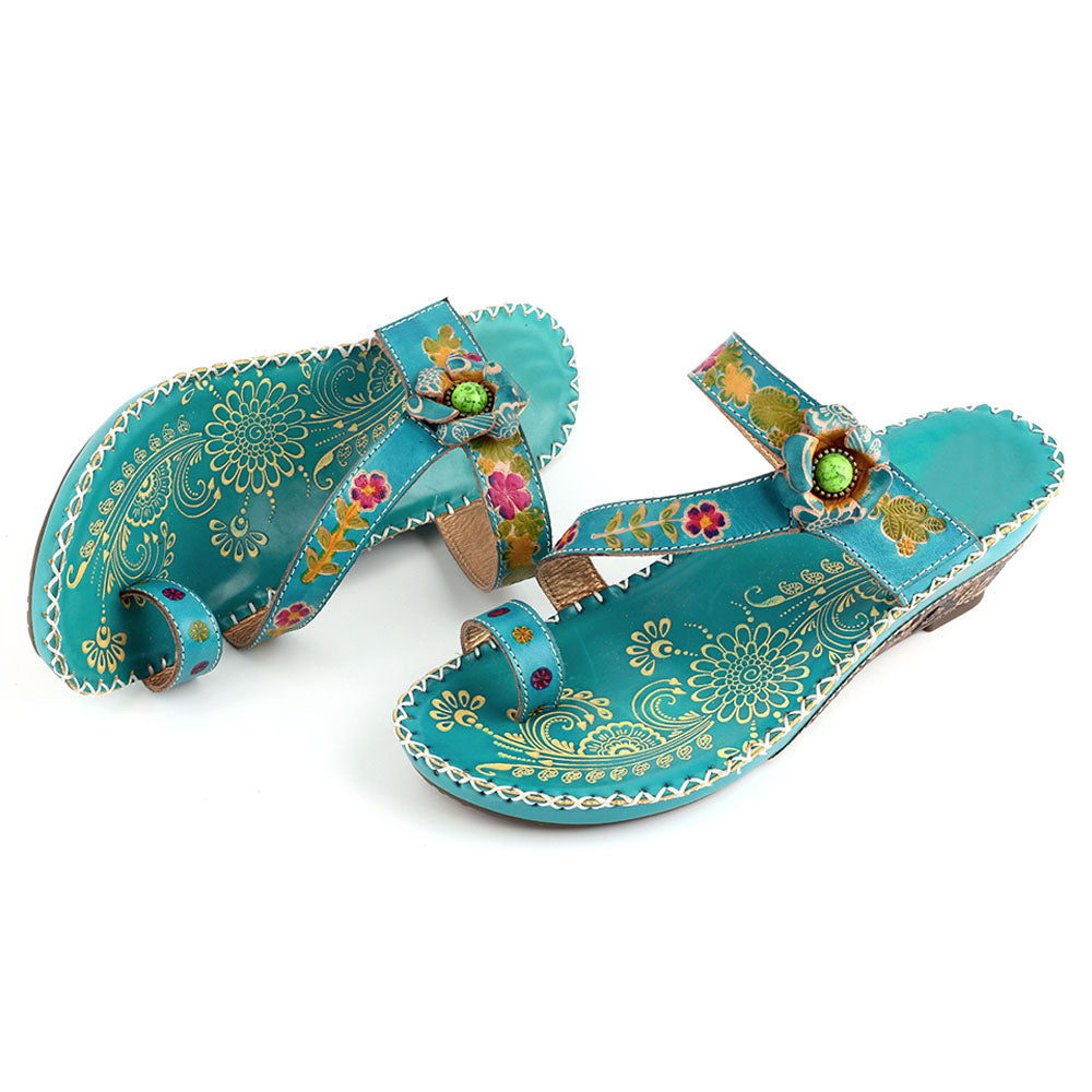 Floral Embossing Stitching Leather Sandals (3 colors)