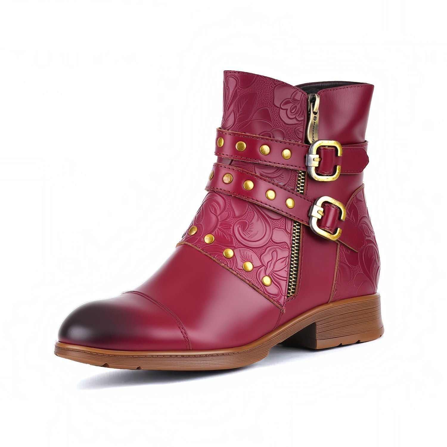 Metcandy Embossed Buckle Strap Ankle Boots