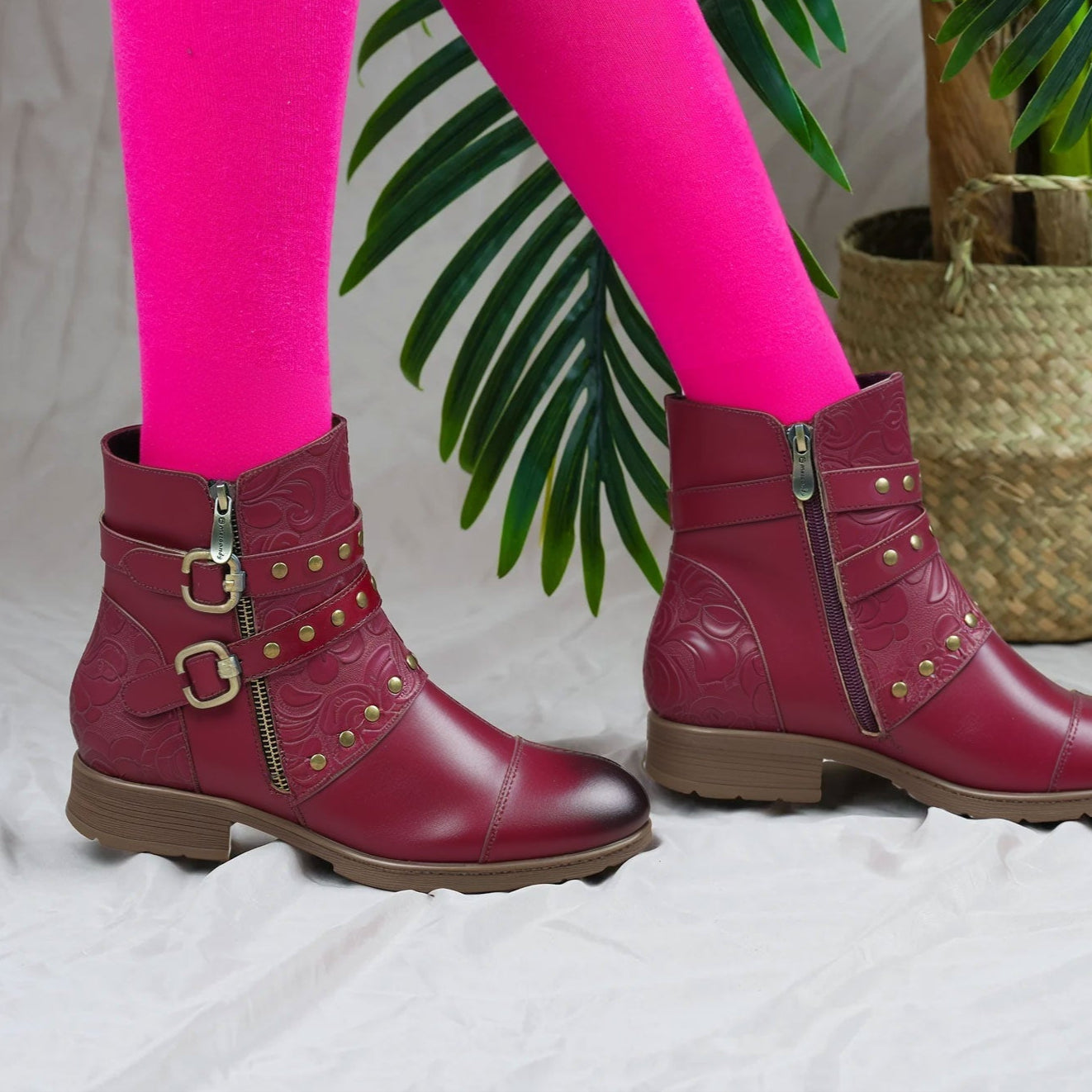 Metcandy Embossed Buckle Strap Ankle Boots