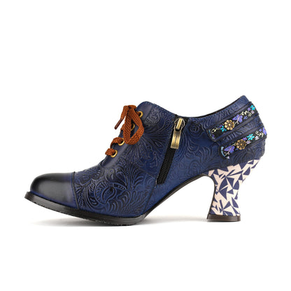 Floral Embossed Lace-Up Heels
