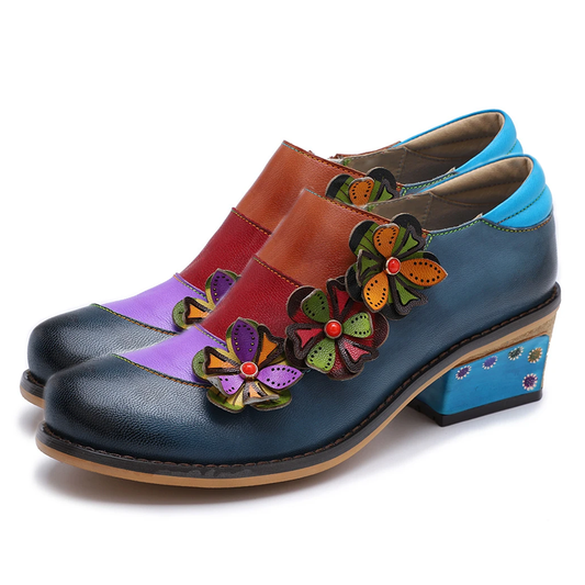 Retro Flowers Splicing Genuine Leather Comfortable Flat Shoes