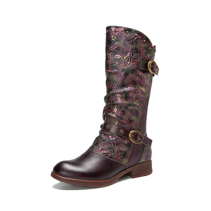 Retro Painted Buckle Blooming Grace Boots