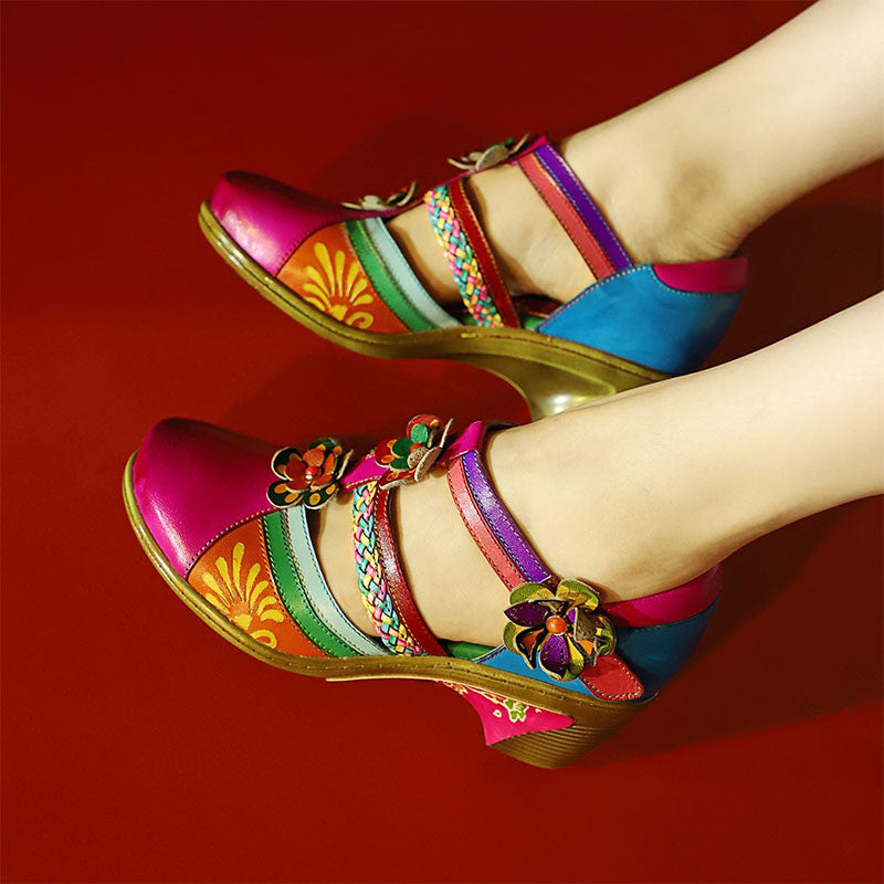 Women Bohemian Leather Printing Stitching Non-slip  Breathable Sandals