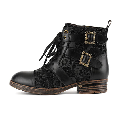Timeless Grace Floral Lace-Up Flat Ankle Boots