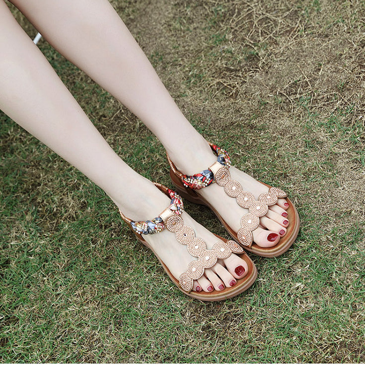 Bohemian Rhinestone Comfortable Round Toe Beach Vacation Sandals