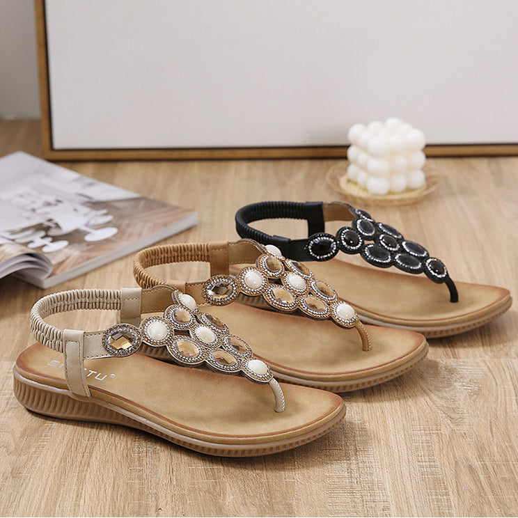 Bohemian Rhinestone Comfortable Round Toe Beach Vacation Sandals