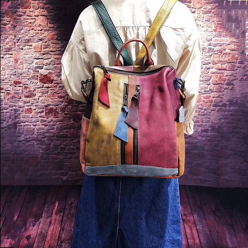 Multicolor Women Leather Zipper Backpack