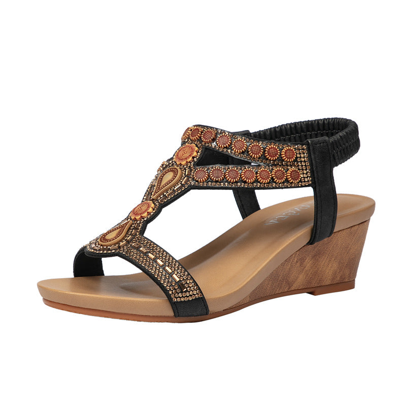 Bohemian Rhinestone Wedge Heels Roman Sandals