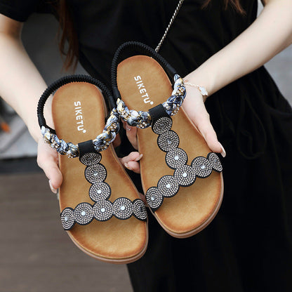 Bohemian Rhinestone Comfortable Round Toe Beach Vacation Sandals