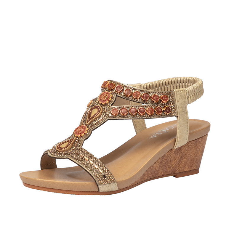 Bohemian Rhinestone Wedge Heels Roman Sandals