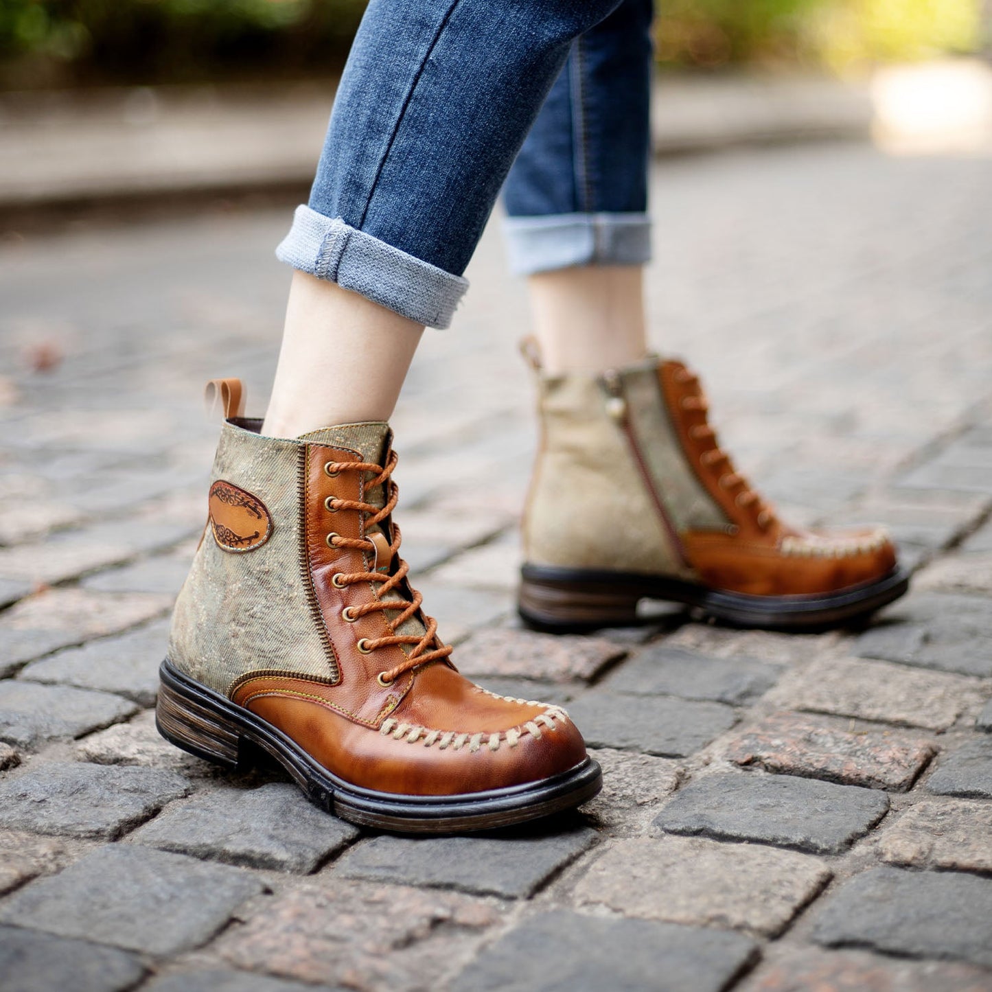 Vintage Stitching Low Heel Ankle Boots