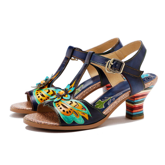 Retro Handmade Colored Stripe Heel Comfy Sandals