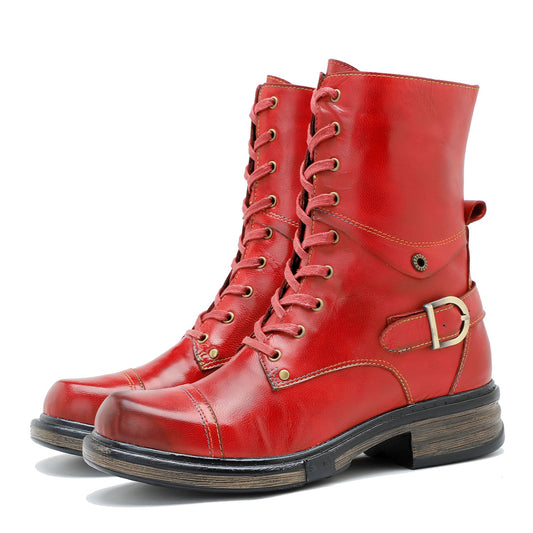 Comfortable Genuine Leather Boots With Laces And Inside Zippers