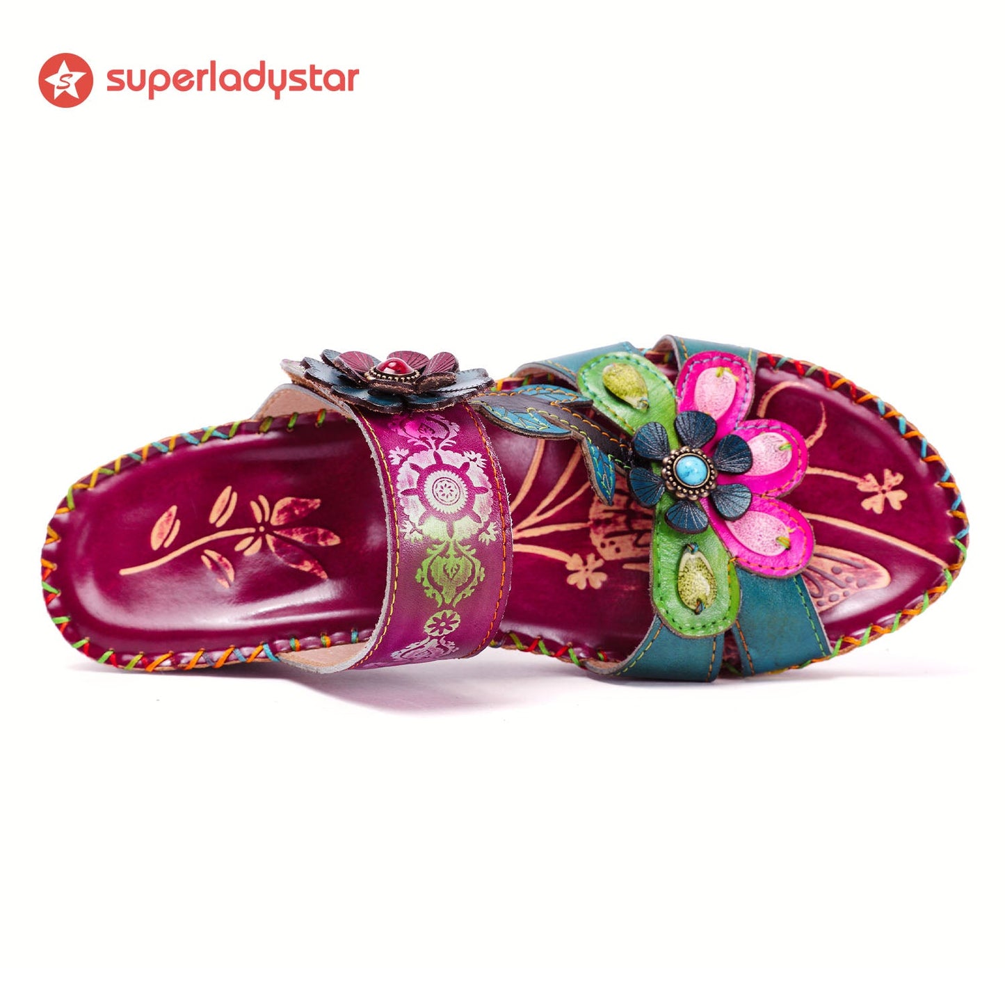 Retro Adjustable Floral Embossing Stitching Sandals