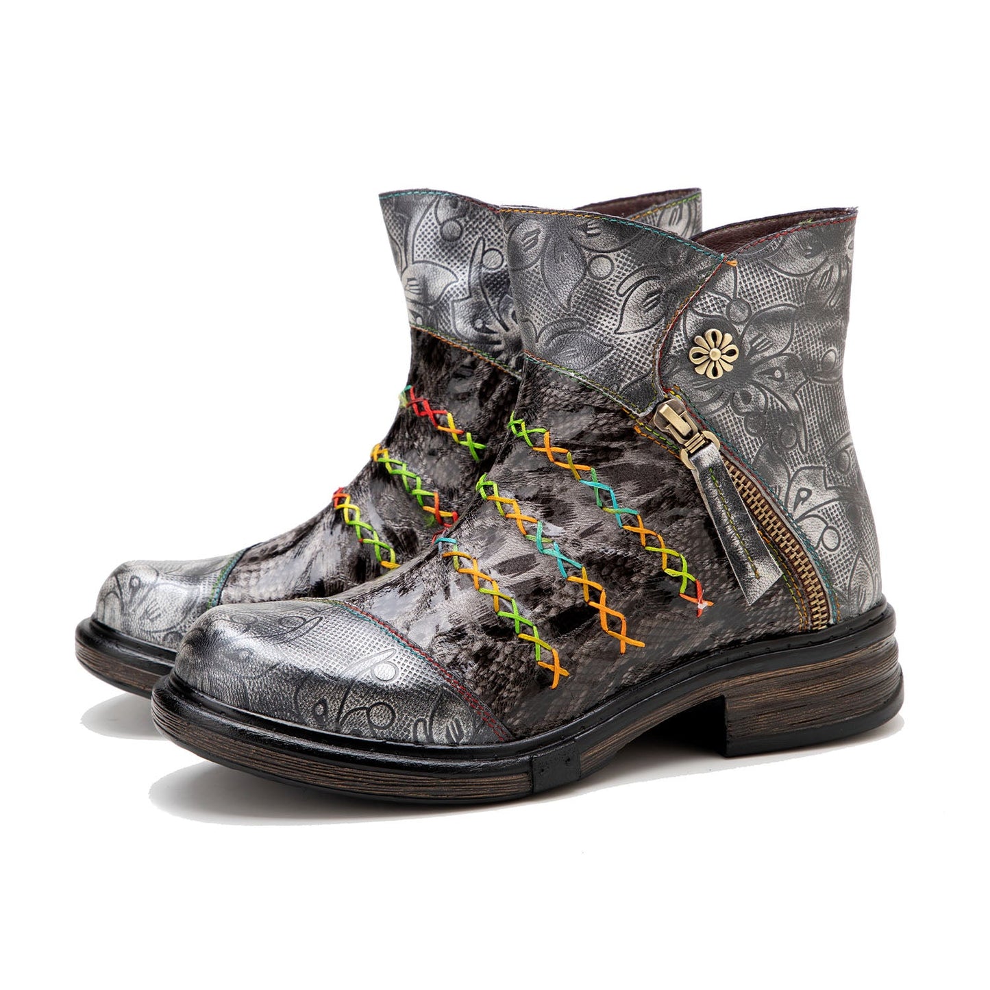 Handmade Rainbow line Real Leather Ankle Boots