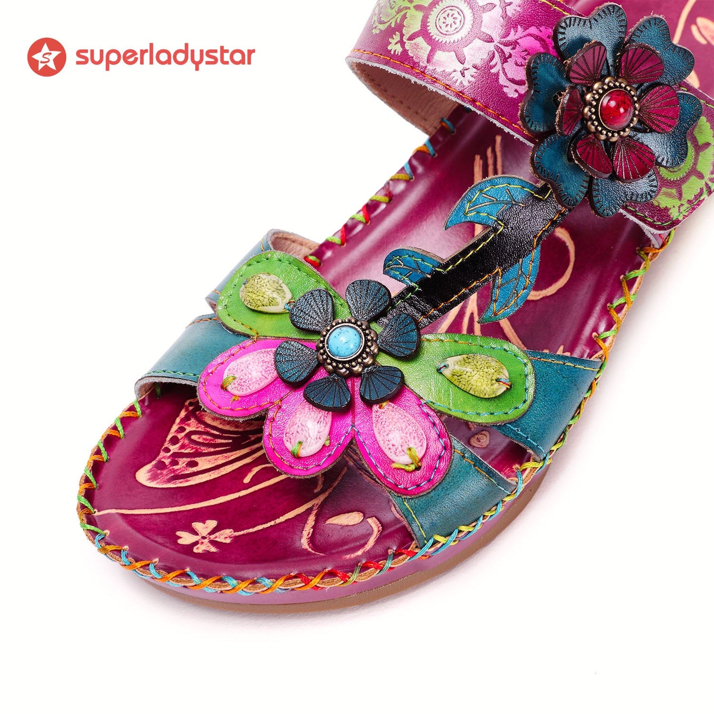 Retro Adjustable Floral Embossing Stitching Sandals