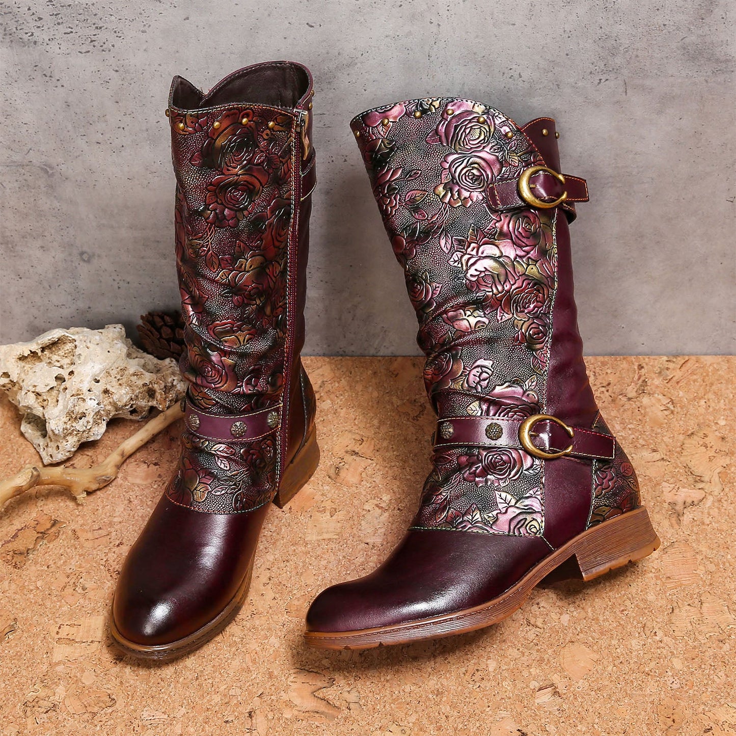 Retro Painted Buckle Flat Tall Boots