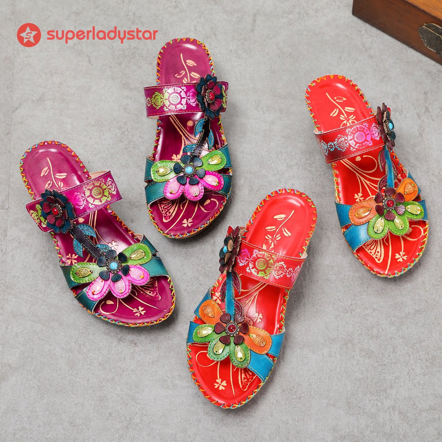 Retro Adjustable Floral Embossing Stitching Sandals