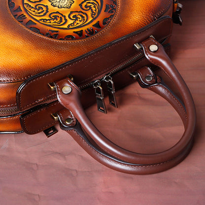 Vintage Embossed Leather Handmade Oval Handbag Messenger Bag