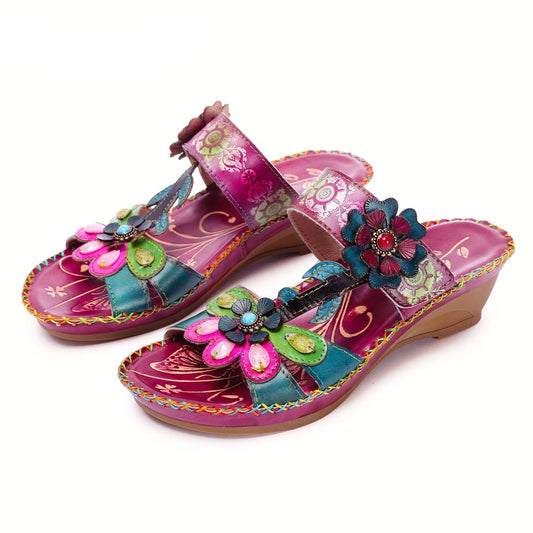 Retro Adjustable Floral Embossing Stitching Sandals